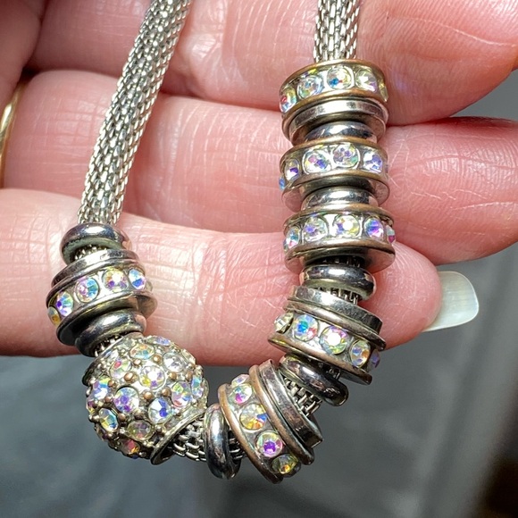 Macy’s mesh stretch bracelet with silver tone, rhinestones, floating beads EUC - Picture 9 of 9